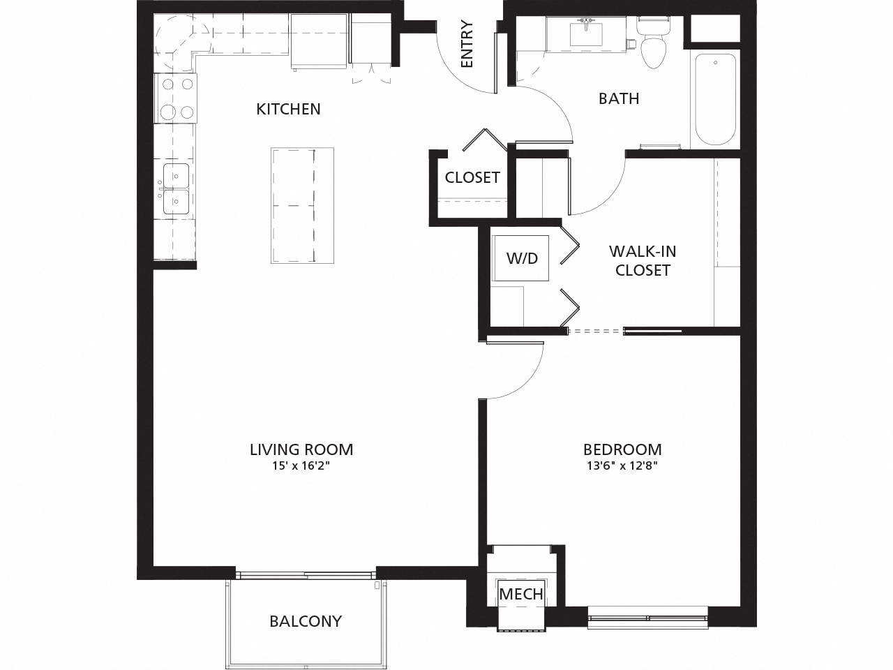 Floor plan for 1 bed, 1 bath, 862 sqft